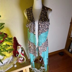 Crazy Train Leopard and Turquoise Fringe long vest